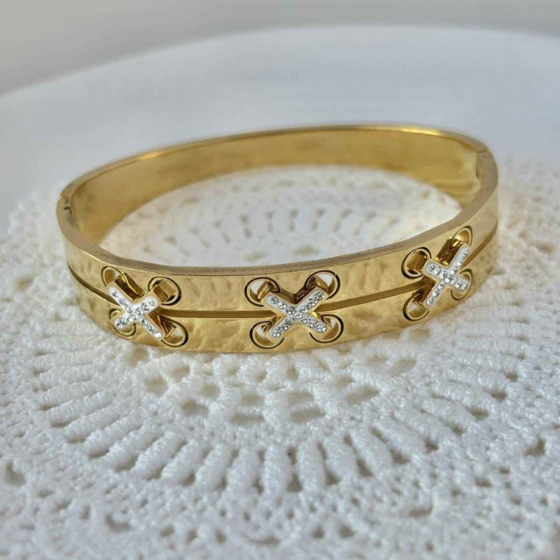Silver Crystal Cross Stitch Hammered Bangle Bracelet