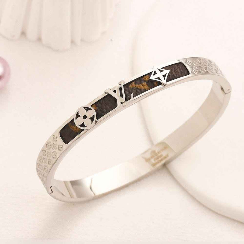Monogram Brown Leather-Texture Inlay Bangle Bracelet - Gold and Silver