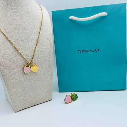 Double Heart Enamel Jewellery Set – Necklace & Earrings | طقم مجوهرات القلب المزدوج بالمينا