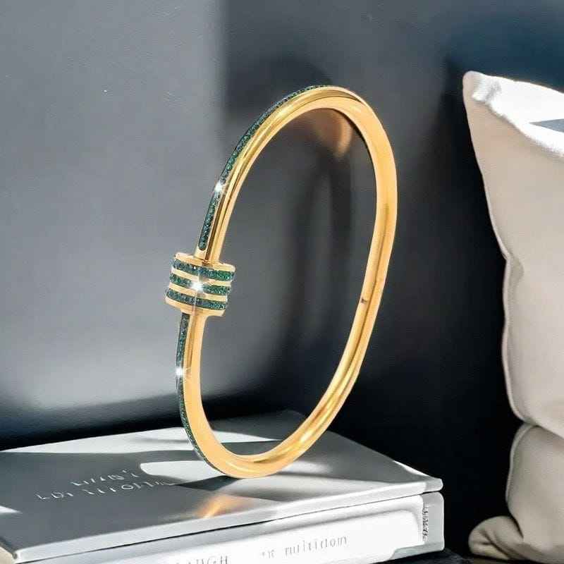 Gold-Plated Bangle with Green Crystal Accents