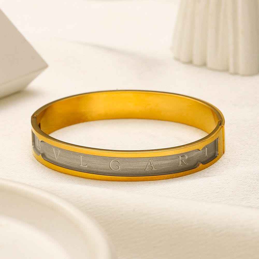 Two-Tone Gold & Silver Engraved Letter Bangle Bracelet