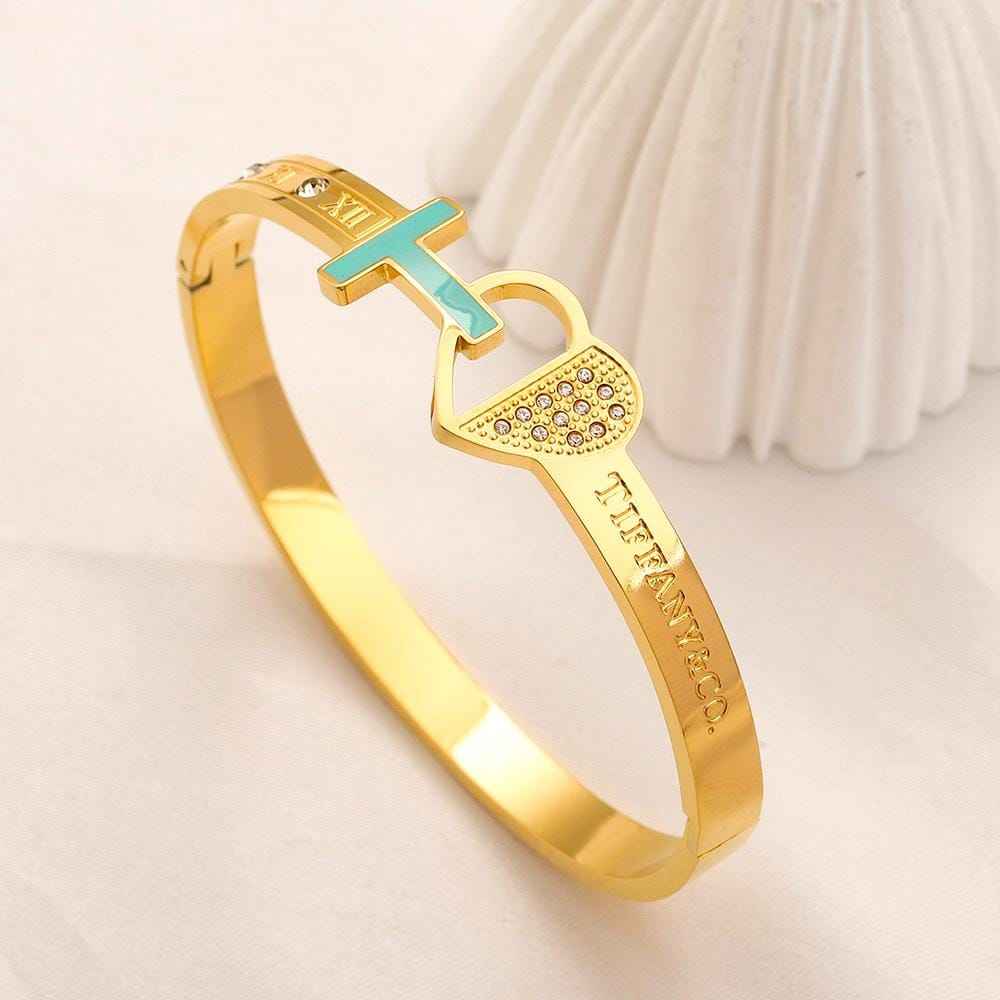 Gold T-Bar Heart Lock Charm Bangle Bracelet