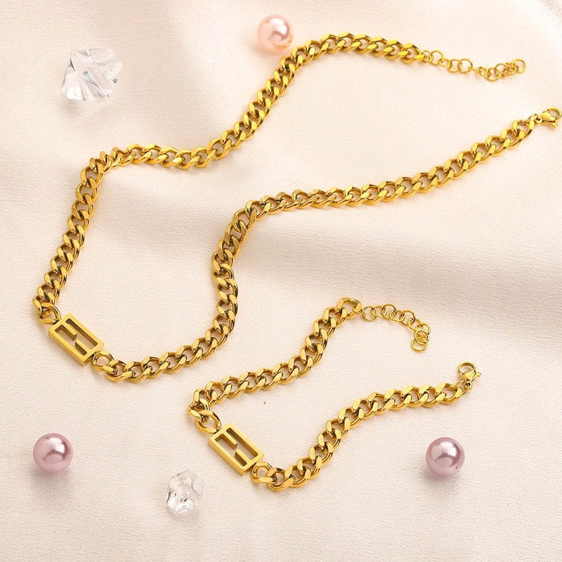 Fendi Inspired FF Cuban Chain Necklace & Bracelet Set | Gold-Tone Logo Chain Jewellery