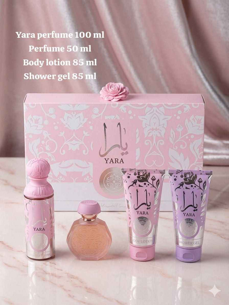 Yara by Lattafa 4-Piece Fragrance Gift Set, Pink Floral Box | طقم يارا من لطافة ٤ قطع