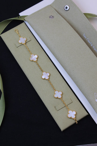 VanCleef & Arpels Vintage Alhambra Bracelet – 5 Motifs | 18K Gold Plated | Mother of Pearl