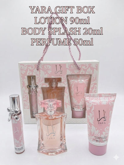 Yara Gift Box by Lattafa | 3-Piece Fragrance Set | Perfume 50ml, Body Splash 20ml & Lotion 90ml