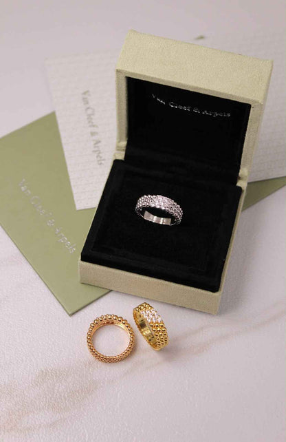 Van Cleef & Arpels Perlée Inspired 3-Row Diamond Ring | Gold, Rose Gold & Silver | Crystal Pavé Band