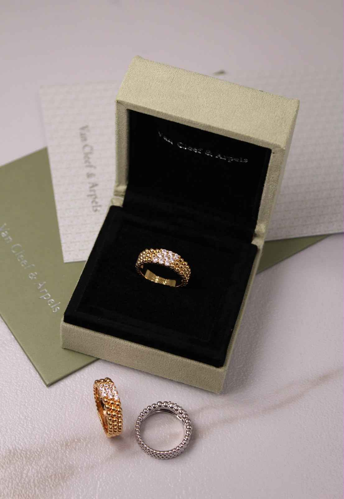 Van Cleef & Arpels Perlée Inspired 3-Row Diamond Ring | Gold, Rose Gold & Silver | Crystal Pavé Band