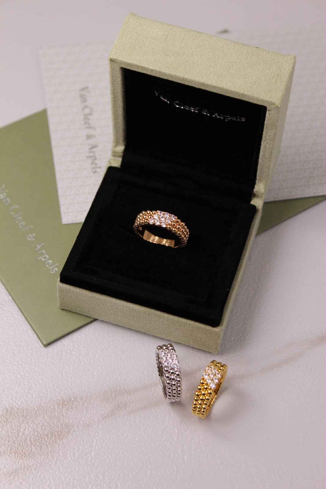 Van Cleef & Arpels Perlée Inspired 3-Row Diamond Ring | Gold, Rose Gold & Silver | Crystal Pavé Band
