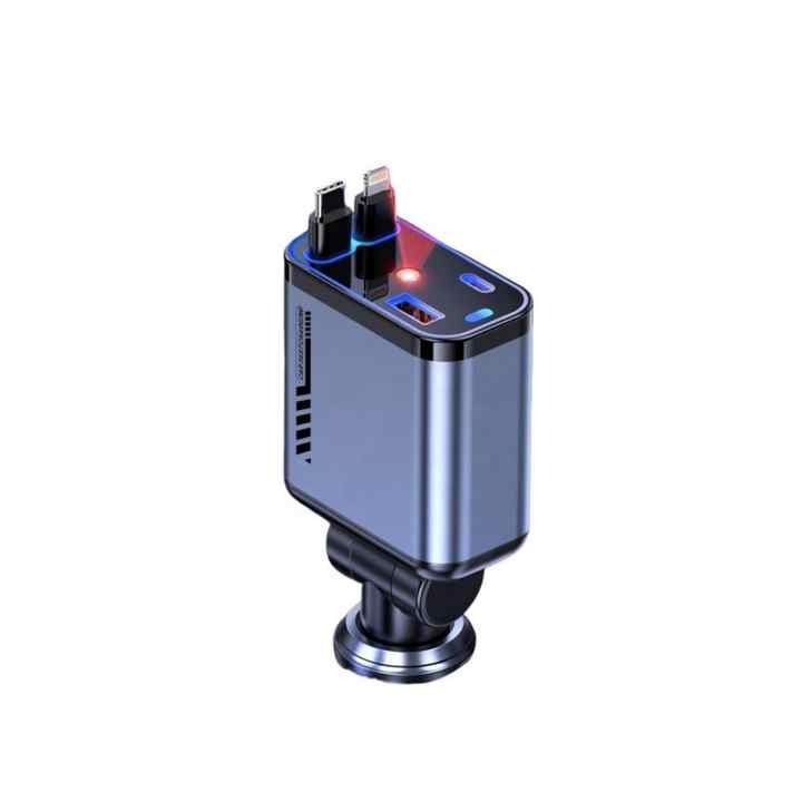 Retractable Car Charger with Type-C & Lightning Cables