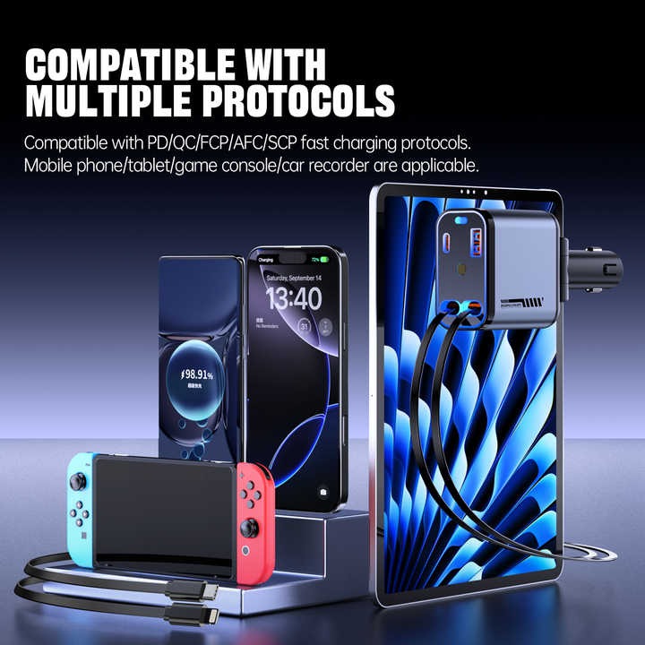 Retractable Car Charger with Type-C & Lightning Cables