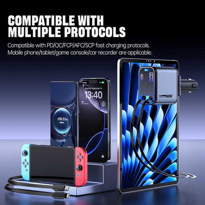 Retractable Car Charger with Type-C & Lightning Cables