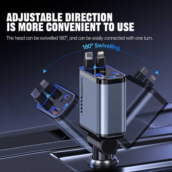 Retractable Car Charger with Type-C & Lightning Cables