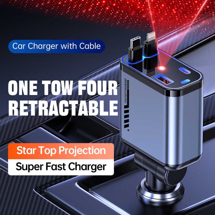 Retractable Car Charger with Type-C & Lightning Cables