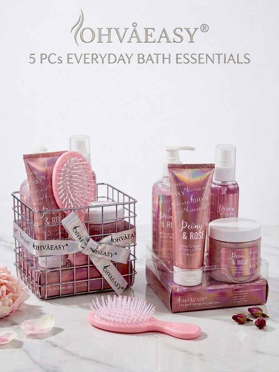 OhvaEasy Peony & Rose 5-Piece Bath Essentials Set | طقم أوفا إيزي للاستحمام بالفاوانيا والورد – 5 قطع