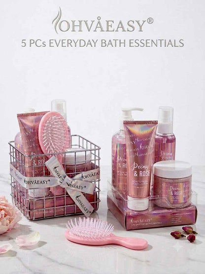 OhvaEasy Peony & Rose 5-Piece Bath Essentials Set | طقم أوفا إيزي للاستحمام بالفاوانيا والورد – 5 قطع
